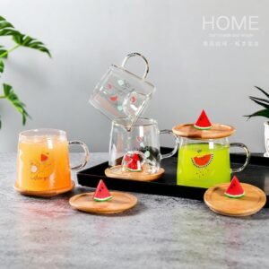 TAZA DE VIDRIO CON TAPA DE MADERA - DISEÑO SANDÍA