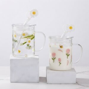 TAZA VIDRIO + TAPA PLáSTICA + SORBETE DE VIDRIO