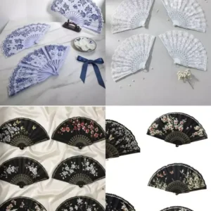 ABANICOS x 12 UNid. PARA EVENTO CON GLITTER BLANCO O NEGRO DE MANO